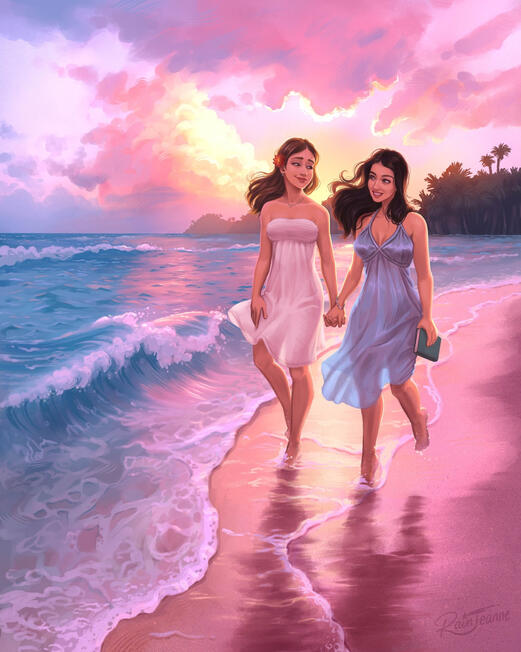 family beach walk commission painting